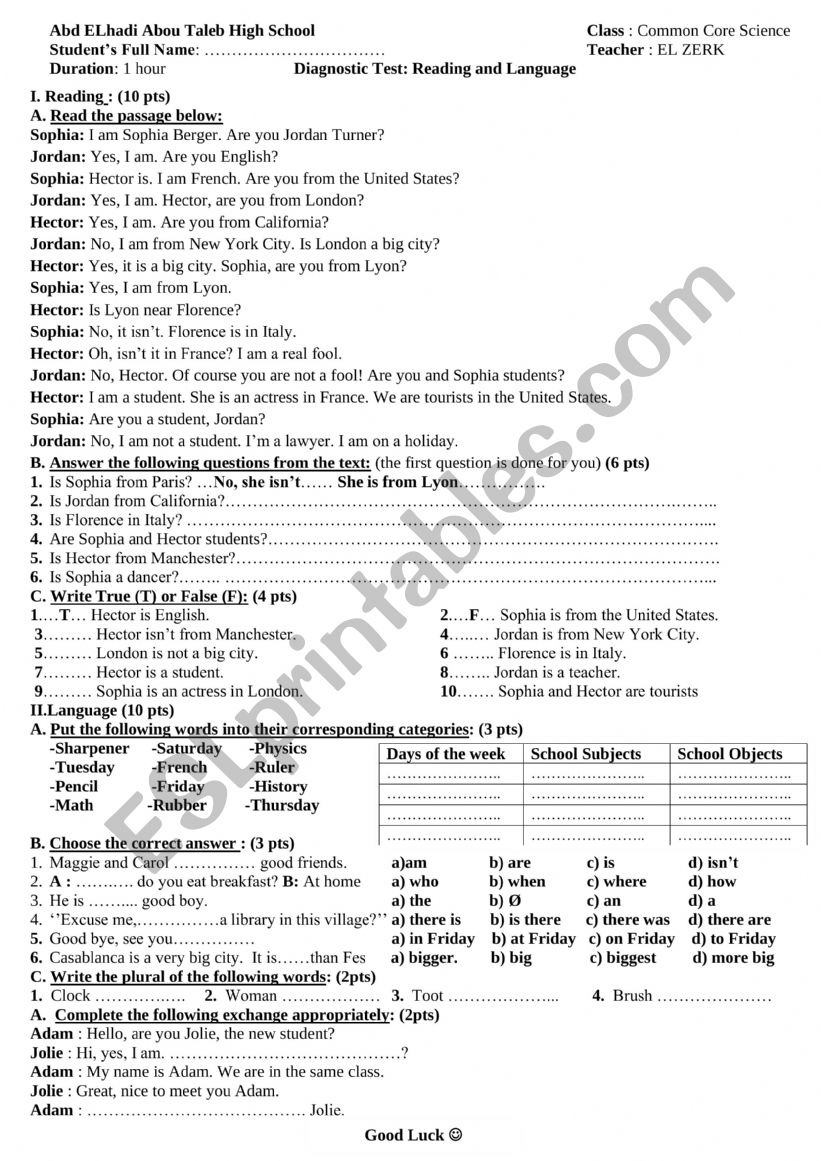 [Morocco] Language and Reading Diagnostic Test 